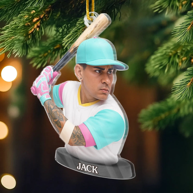 Ornement en acrylique personnalisé avec photo – Cadeau de Noël ou d’anniversaire pour les amateurs de sport – Le frappeur de home run des fêtes