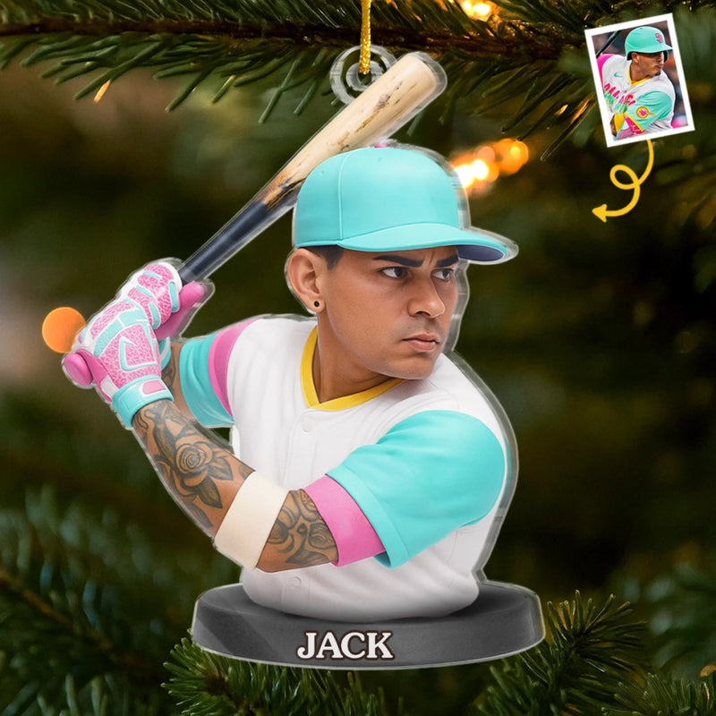 Ornement en acrylique personnalisé avec photo – Cadeau de Noël ou d’anniversaire pour les amateurs de sport – Le frappeur de home run des fêtes