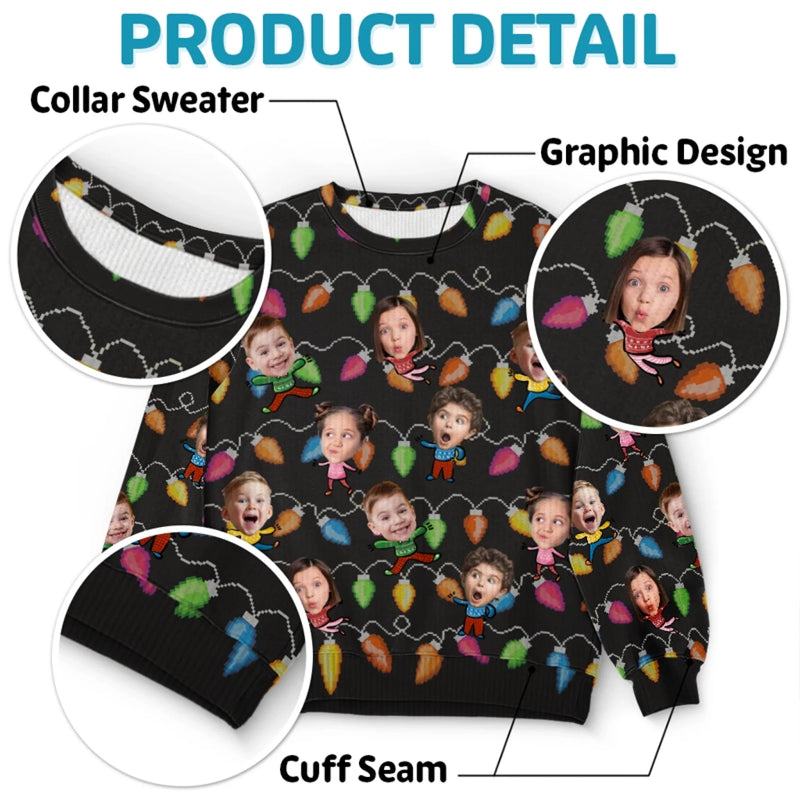 Sweatshirt moche de Noël personnalisé avec photo – « Célébrez la saison avec rires et amour » – Sweatshirt familial – Pull en laine unisexe – Cadeau de Noël pour les membres de la famille
