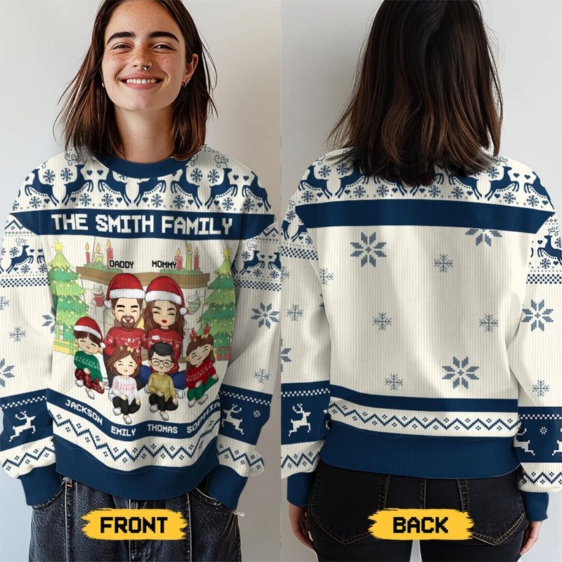 De maison en maison – Sweatshirt moche de Noël personnalisé pour la famille – Pull en laine unisexe – Cadeau de Noël pour les membres de la famille