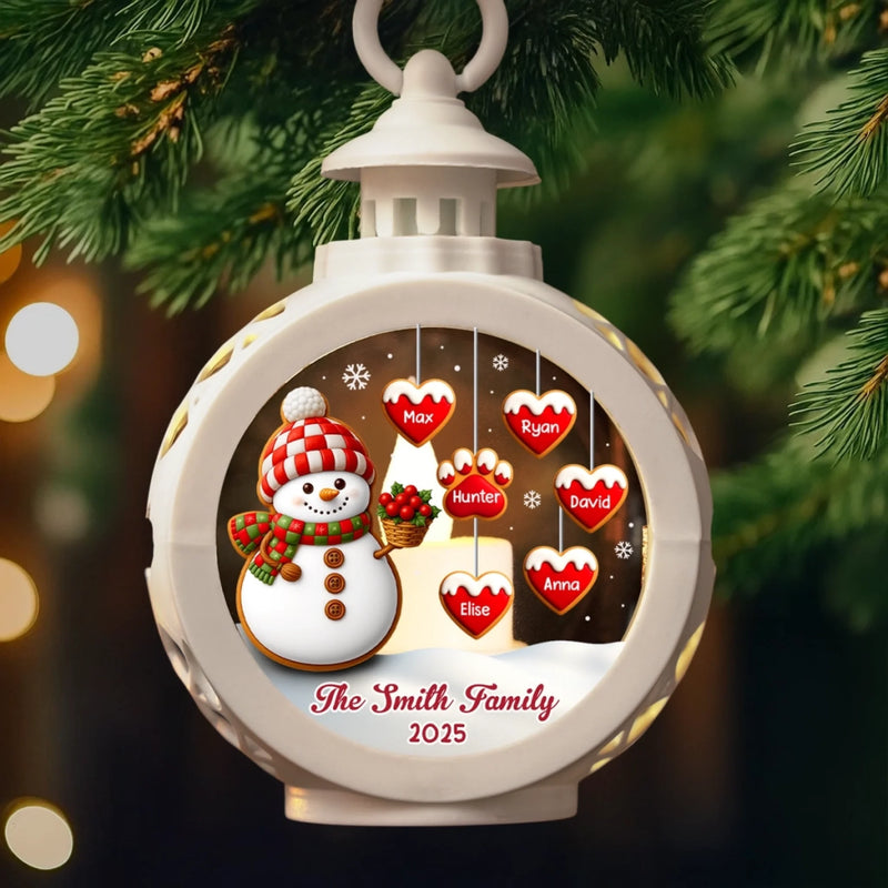 Ornement lanterne bonhomme de neige personnalisé – Cadeaux de Noël ou d’anniversaire pour maman, papa, frère, sœur, enfants – Les cœurs de la famille battent à l’unisson