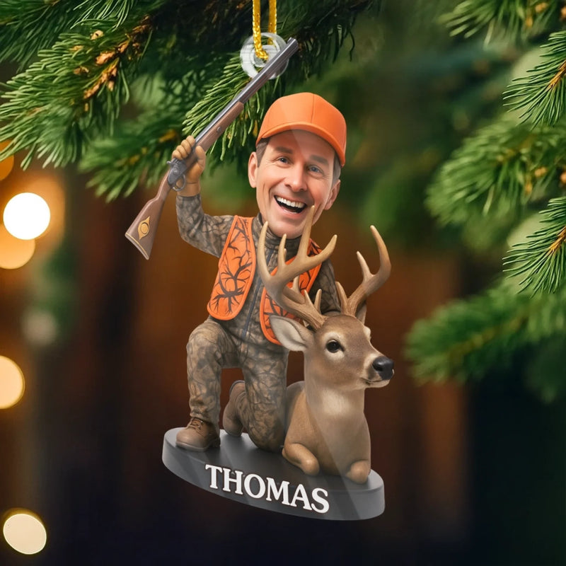 Ornement photo en acrylique personnalisé – Cadeaux de Noël ou d’anniversaire pour les chasseurs – Quand l’équipement de chasse rencontre la magie des fêtes