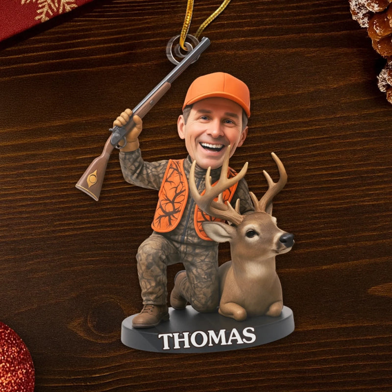 Ornement photo en acrylique personnalisé – Cadeaux de Noël ou d’anniversaire pour les chasseurs – Quand l’équipement de chasse rencontre la magie des fêtes