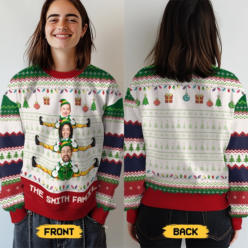 Sweatshirt moche unisexe personnalisé avec photo – Cadeaux de Noël ou d’anniversaire pour maman, papa, enfants – Glissez vers les fêtes avec style