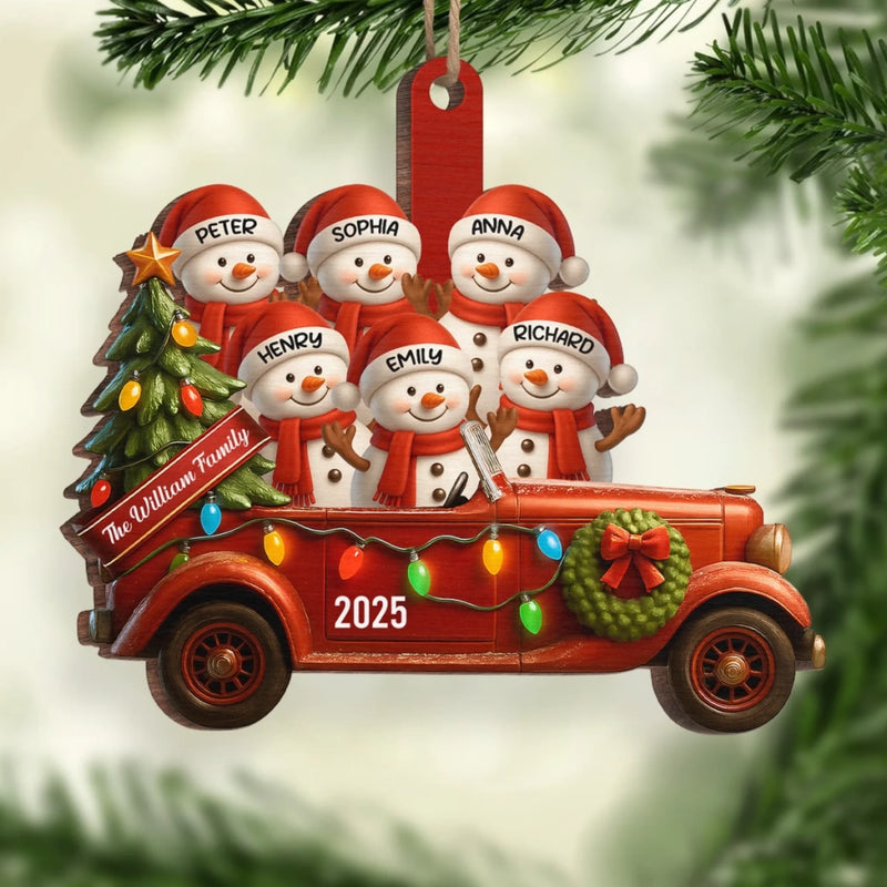 Ornement En Bois Personnalisé - Cadeaux De Noël Et D’Anniversaire Pour Maman, Papa, Enfants - Amour Enneigé Sur Un Camion Vintage