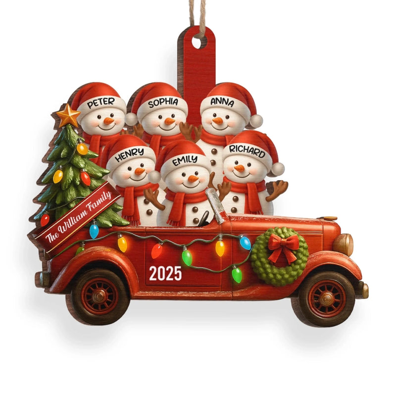 Ornement En Bois Personnalisé - Cadeaux De Noël Et D’Anniversaire Pour Maman, Papa, Enfants - Amour Enneigé Sur Un Camion Vintage