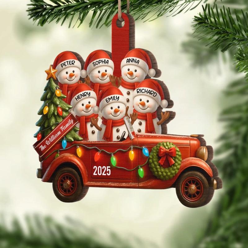 Ornement En Bois Personnalisé - Cadeaux De Noël Et D’Anniversaire Pour Maman, Papa, Enfants - Amour Enneigé Sur Un Camion Vintage