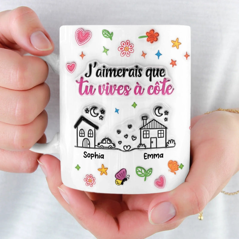 Mug Personnalisé À Effet Imprimé 3D Gonflé - Cadeaux D’Anniversaire Pour Maman, Fille - Deux Maisons, Un Seul Cœur