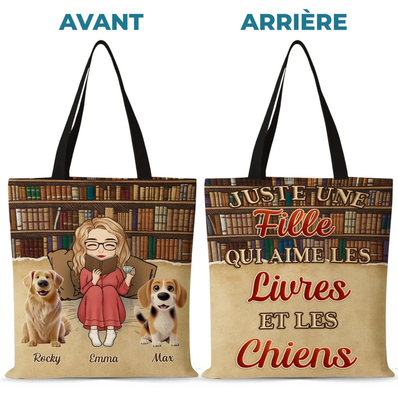 Sac Fourre-tout Personnalisé - Cadeaux De Noël Personnalisés Pour Les Amoureux Des Livres, Les Rats De Bibliothèque Et Les Lecteurs - Juste Une Fille Qui Aime Les Livres Et Les Chiens