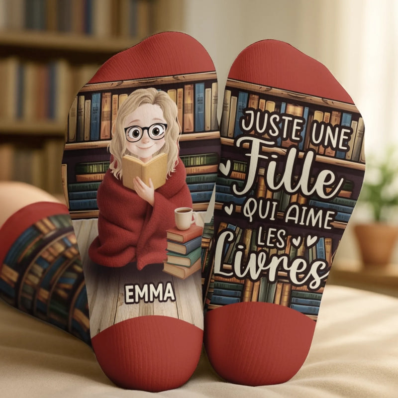 Chaussettes Personnalisées – Cadeaux Personnalisés pour Amoureux des Livres, Rats de Bibliothèque et Lecteurs Passionnés – Juste Une Fille Perdue Entre Les Lignes