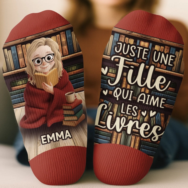 Chaussettes Personnalisées – Cadeaux Personnalisés pour Amoureux des Livres, Rats de Bibliothèque et Lecteurs Passionnés – Juste Une Fille Perdue Entre Les Lignes