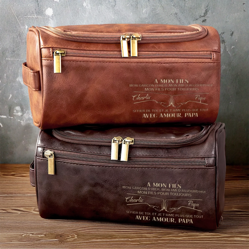 Trousse De Toilette En Cuir Gravée Personnalisée – Cadeaux De Noël Et D’Anniversaire Pour Maman, Papa, Fils – Chaque Kilomètre Compte