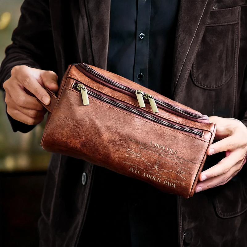 Trousse De Toilette En Cuir Gravée Personnalisée – Cadeaux De Noël Et D’Anniversaire Pour Maman, Papa, Fils – Chaque Kilomètre Compte