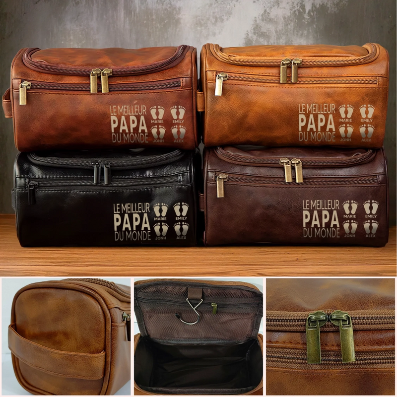 Trousse De Toilette En Cuir Gravée Personnalisée – Cadeaux D’Anniversaire Pour Papa, Grand-Père – L'amour Transmis De Cœur À Cœur