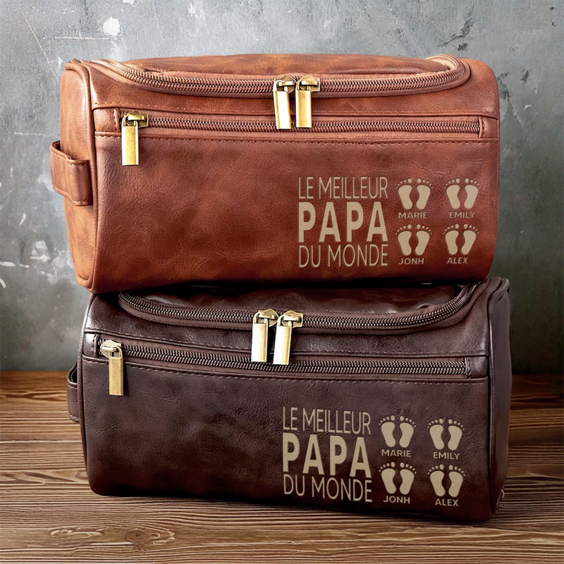 Trousse De Toilette En Cuir Gravée Personnalisée – Cadeaux D’Anniversaire Pour Papa, Grand-Père – L'amour Transmis De Cœur À Cœur