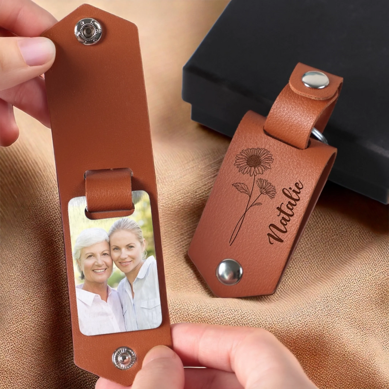 Porte-Clés En Cuir Gravé Avec Photo Personnalisé – Cadeaux D’Anniversaire Personnalisés Pour Maman, Papa, Fils, Fille, Enfants Et Famille – Là Où Tu Vas, Mon Cœur Te Suit