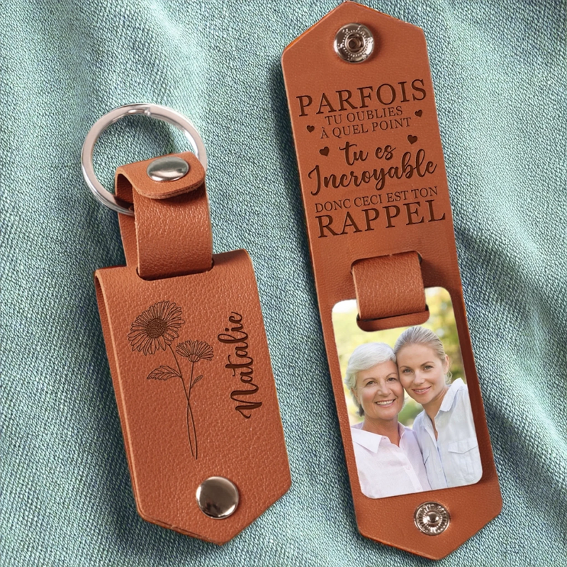 Porte-Clés En Cuir Gravé Avec Photo Personnalisé – Cadeaux D’Anniversaire Personnalisés Pour Maman, Papa, Fils, Fille, Enfants Et Famille – Là Où Tu Vas, Mon Cœur Te Suit