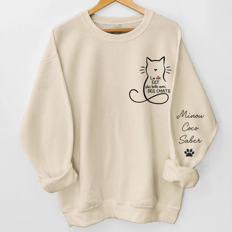 Sweat Unisexe Et Sweat À Capuche Personnalisés Avec Motif Sur La Manche – Cadeaux De Noël Et D’Anniversaire Personnalisés Pour Amoureux Des Chats, Parents De Chats – Chez Moi, Ça Sent Les Poils De Chat