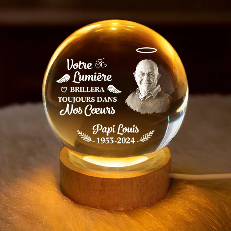 Lampe Globe En Cristal Personnalisée Avec Photo – Cadeaux Commémoratifs Personnalisés Pour Honorer La Mémoire De Maman Et Papa – La Lumière Que Tu As Laissée Ne S’Éteindra Jamais
