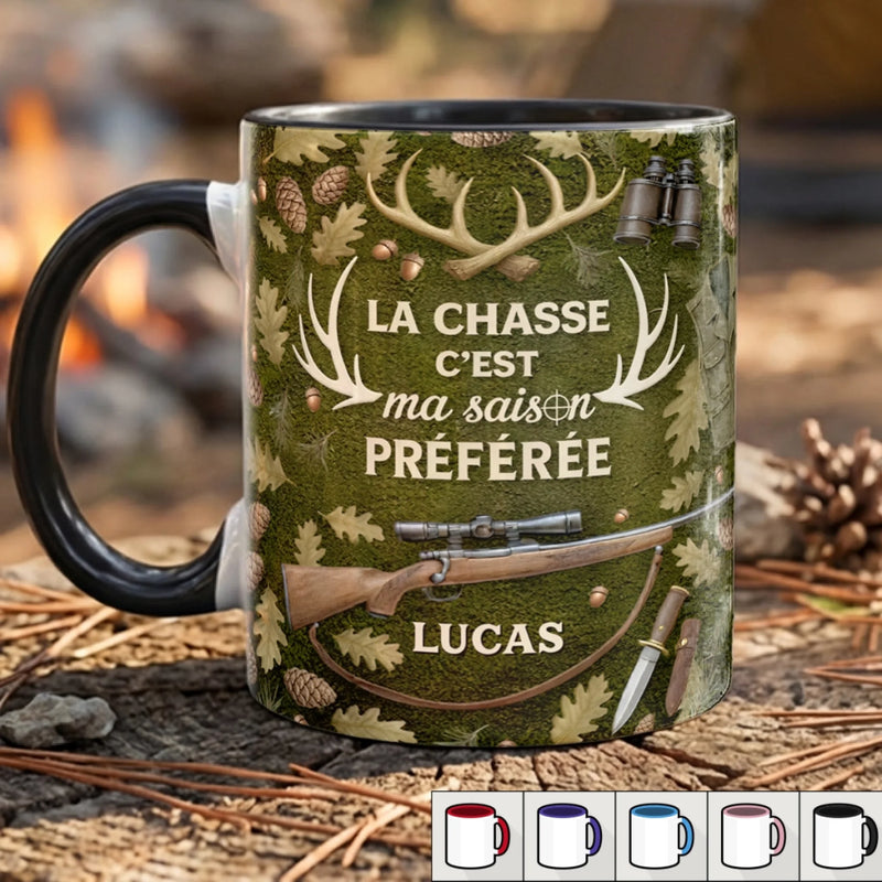 Mug Personnalisé Bicolore – Cadeaux D’Anniversaire Personnalisés Pour Chasseurs – La Saison De Chasse Ne S’Arrête Jamais