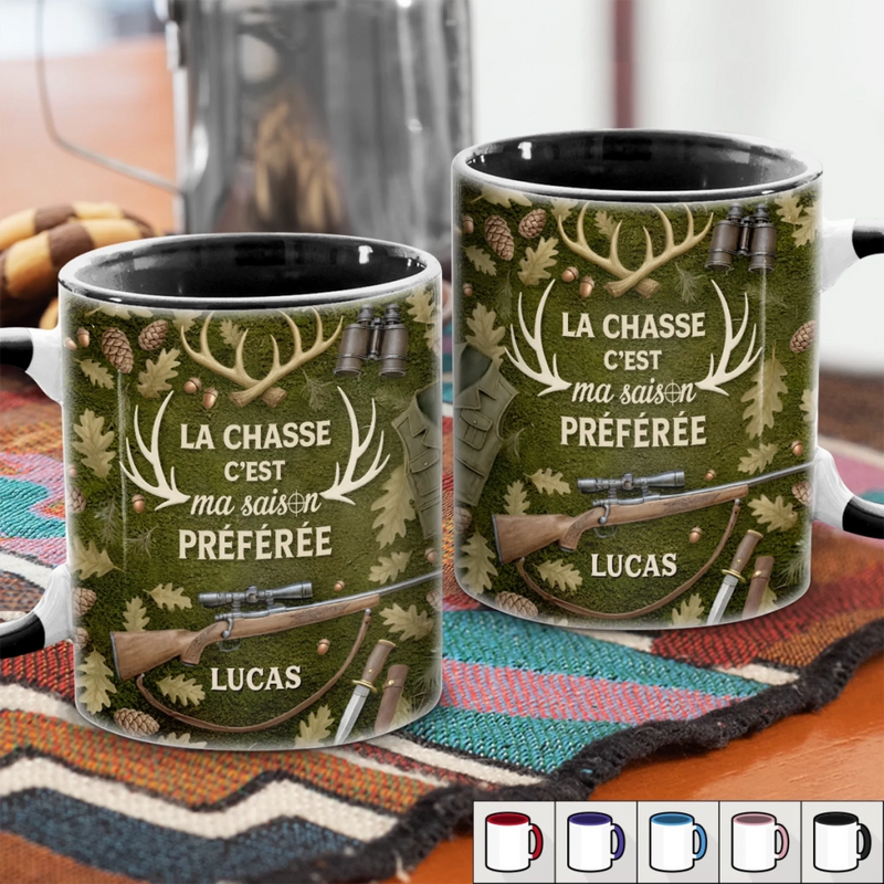 Mug Personnalisé Bicolore – Cadeaux D’Anniversaire Personnalisés Pour Chasseurs – La Saison De Chasse Ne S’Arrête Jamais