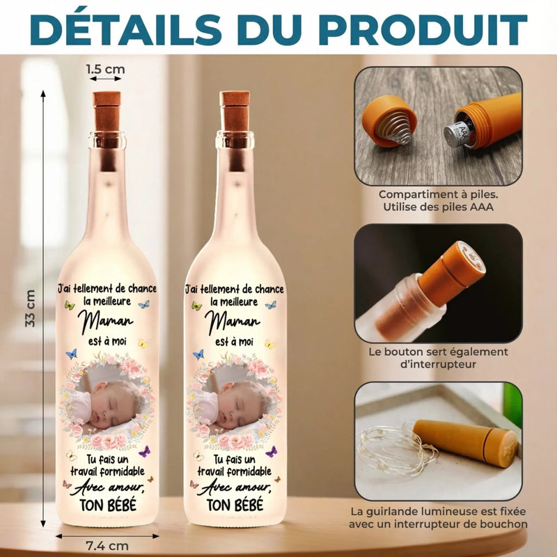 Lampe-Bouteille Personnalisée Avec Photo – Cadeau Fête Des Mères Pour Maman – Tu Es Mon Bonheur
