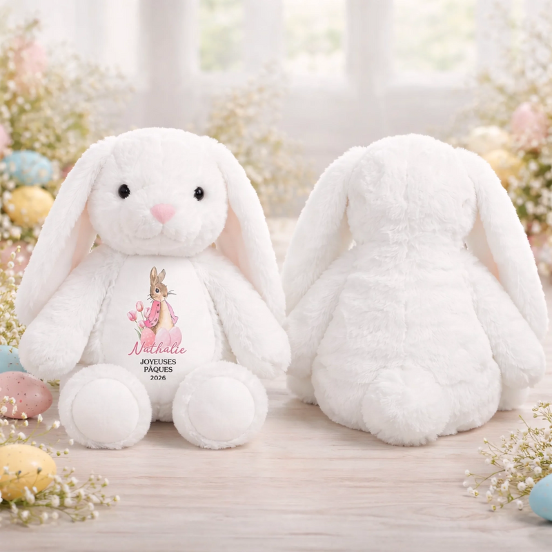 Peluche Lapin Personnalisée – Cadeau De Pâques Pour Bébé – L’Amour Enveloppé De Douceur