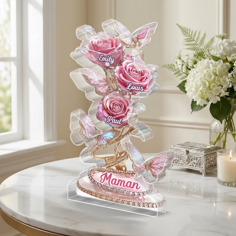 Plaque Acrylique Personnalisée – Cadeau Pour Mamie, Maman – L’Amour D’Une Famille En Deux Cœurs