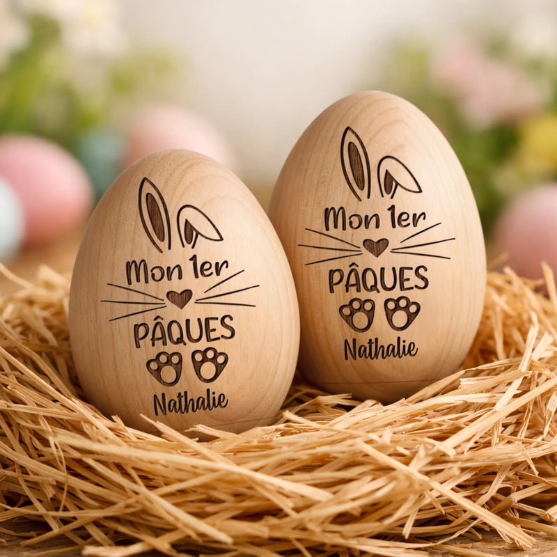 Hochet Œuf En Bois Personnalisé – Cadeau De Pâques Pour Bébé – Premiers Jeux De Pâques