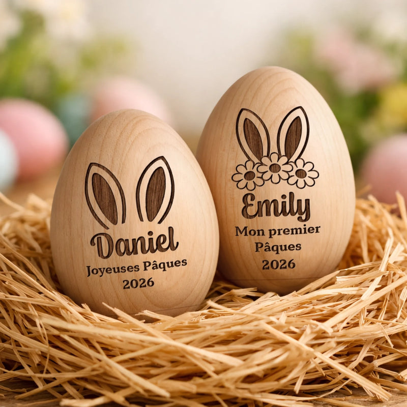 Hochet Œuf En Bois Personnalisé – Cadeau De Pâques Pour Bébé – La Magie De Mon Premier Pâques