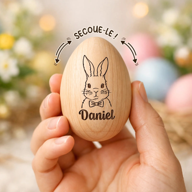 Hochet Œuf En Bois Personnalisé – Cadeau De Pâques Pour Bébé – Un Souvenir Rempli D’Amour
