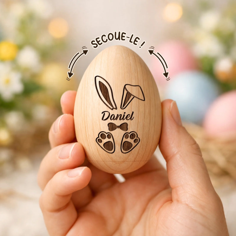 Hochet Œuf En Bois Personnalisé – Cadeau De Pâques Pour Bébé – Une Trace D’Amour