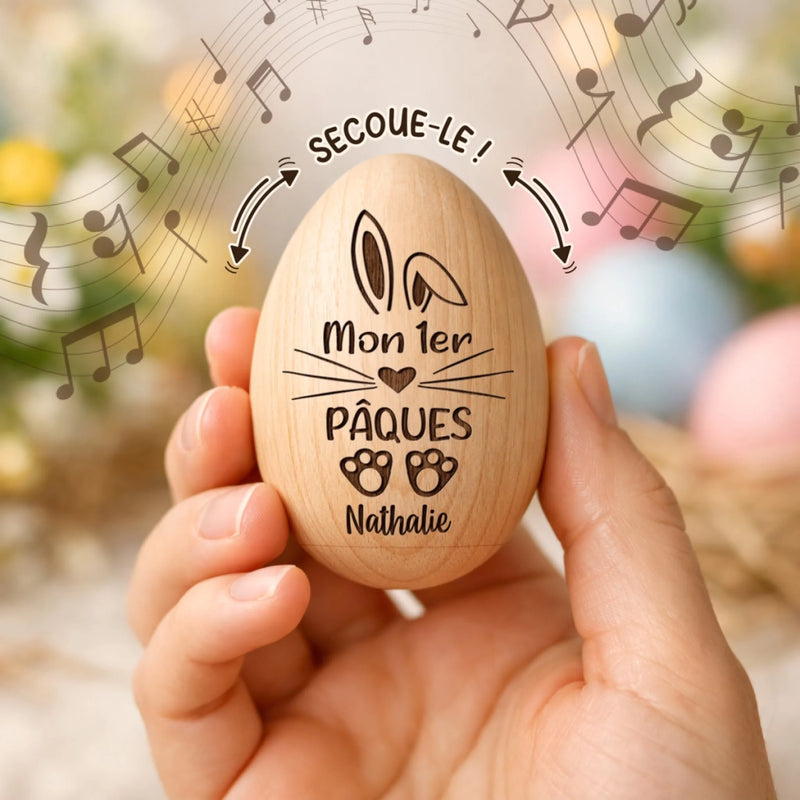 Hochet Œuf En Bois Personnalisé – Cadeau De Pâques Pour Bébé – Premiers Jeux De Pâques