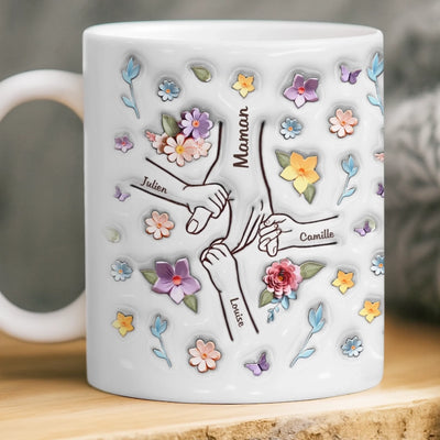 Mug Personnalisé À Effet Imprimé 3D Gonflé - Cadeaux D'Anniversaire Pour Maman, Grand-Mère, Enfants - Maman, Tu Tiens Ma Main, Aussi Mon Cœur