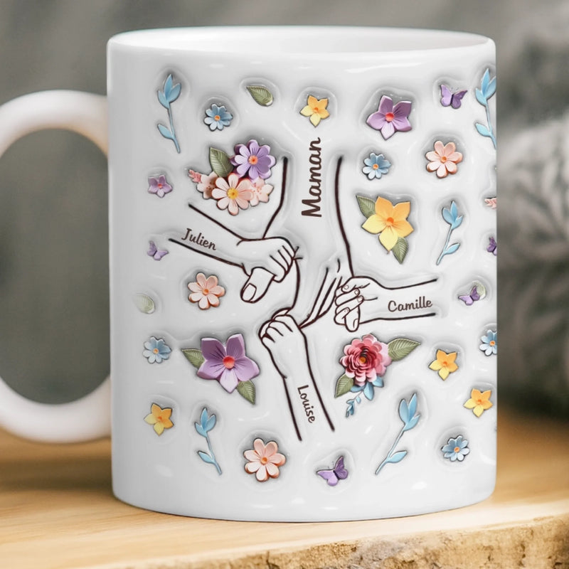 Mug Personnalisé À Effet Imprimé 3D Gonflé - Cadeaux D’Anniversaire Pour Maman, Grand-Mère, Enfants - Maman, Tu Tiens Ma Main, Aussi Mon Cœur
