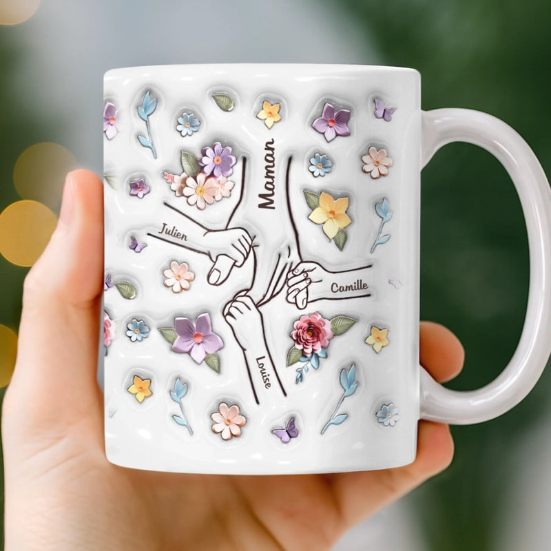 Mug Personnalisé À Effet Imprimé 3D Gonflé - Cadeaux D’Anniversaire Pour Maman, Grand-Mère, Enfants - Maman, Tu Tiens Ma Main, Aussi Mon Cœur