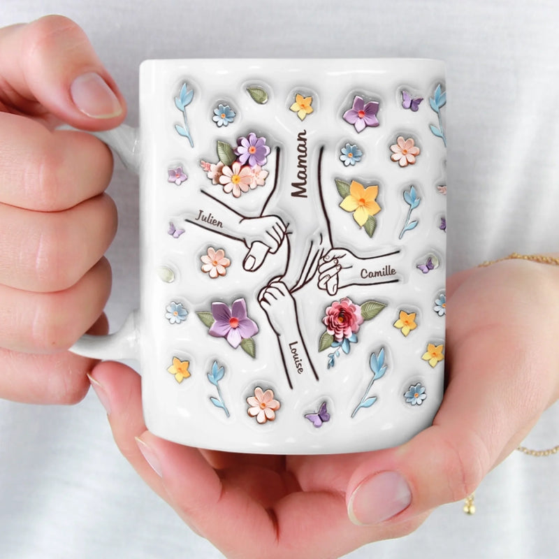 Mug Personnalisé À Effet Imprimé 3D Gonflé - Cadeaux D’Anniversaire Pour Maman, Grand-Mère, Enfants - Maman, Tu Tiens Ma Main, Aussi Mon Cœur