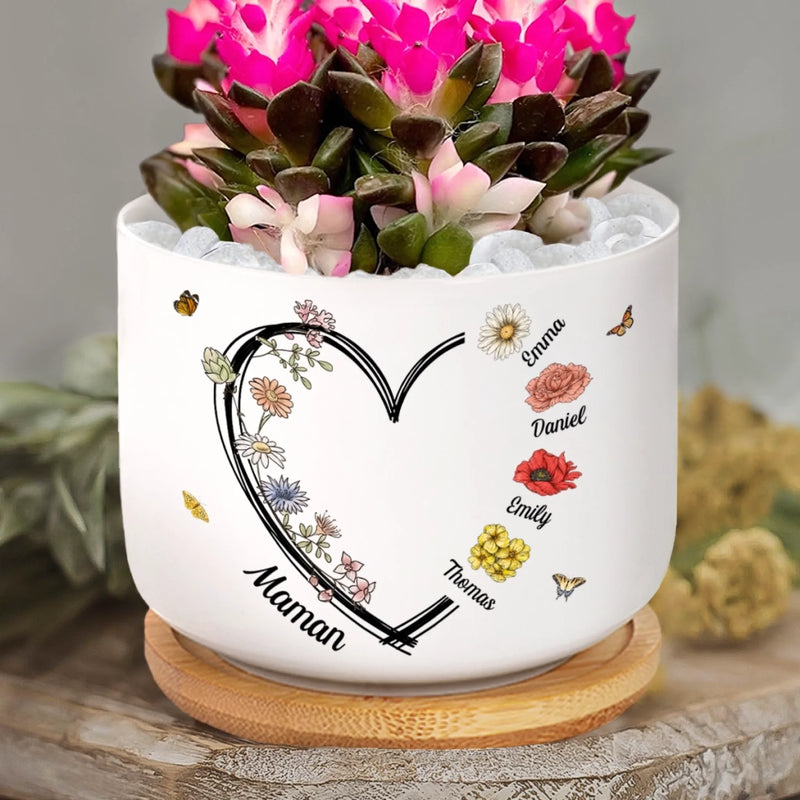 Pot de Fleurs en Céramique Personnalisé – Cadeau pour Maman, Mamie – Je Vous Aime Très Fort, Maman et Mamie