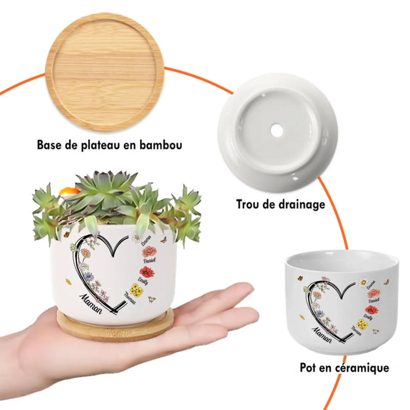 Pot de Fleurs en Céramique Personnalisé – Cadeau pour Maman, Mamie – Je Vous Aime Très Fort, Maman et Mamie