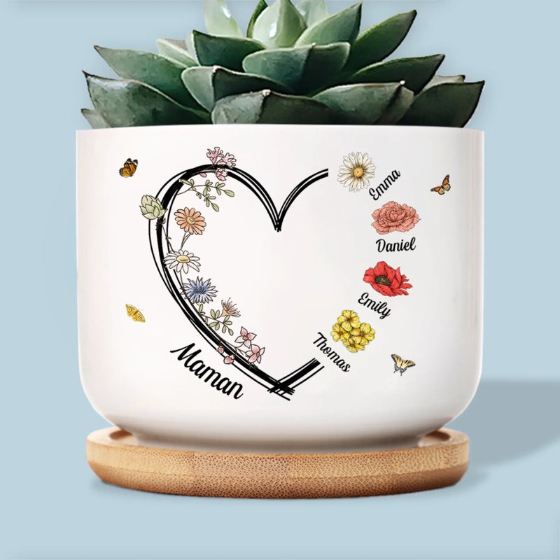 Pot de Fleurs en Céramique Personnalisé – Cadeau pour Maman, Mamie – Je Vous Aime Très Fort, Maman et Mamie