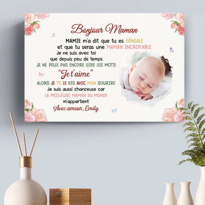 Toile Horizontale Personnalisée Avec Photo  – Cadeau Pour Jeune Maman – Les Mots Sincères De Mon Cœur