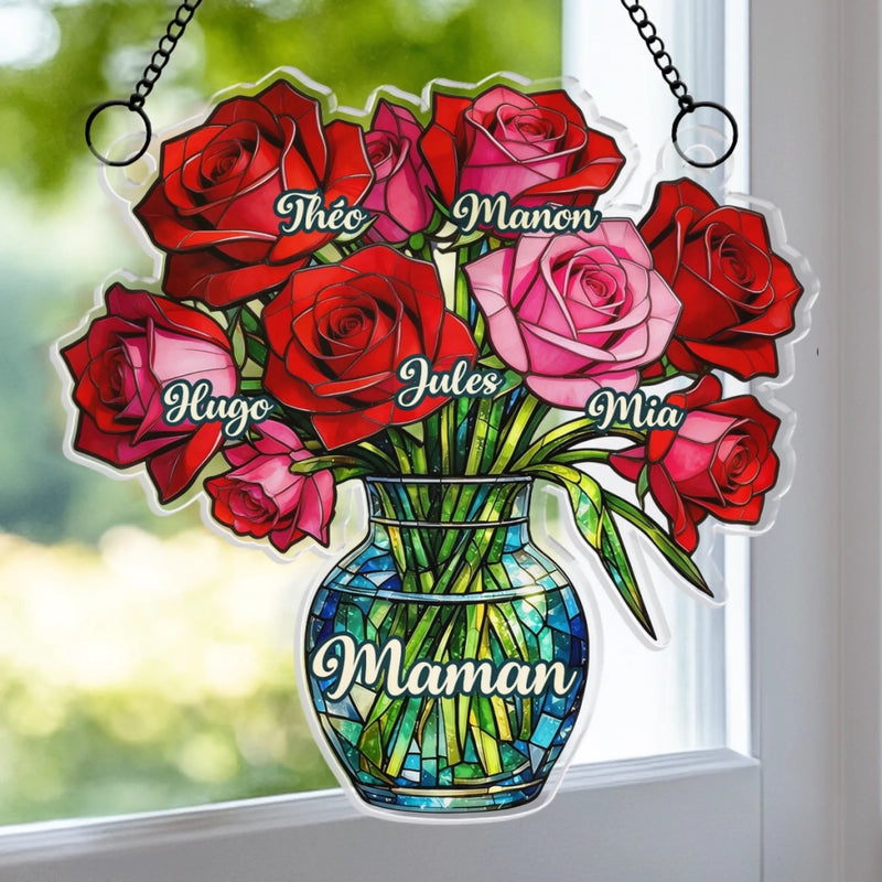 Ornement Suncatcher de Fenêtre Personnalisé – Cadeau Fête des Mères, Anniversaire pour Maman, Mamie – Ses fleurs fleurissent pour toujours
