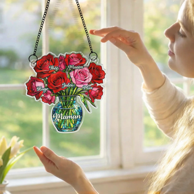 Ornement Suncatcher de Fenêtre Personnalisé – Cadeau Fête des Mères, Anniversaire pour Maman, Mamie – Ses fleurs fleurissent pour toujours
