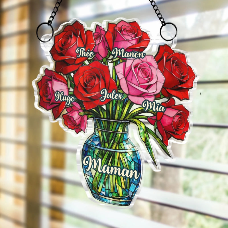 Ornement Suncatcher de Fenêtre Personnalisé – Cadeau Fête des Mères, Anniversaire pour Maman, Mamie – Ses fleurs fleurissent pour toujours