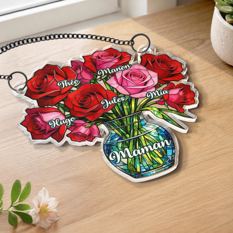 Ornement Suncatcher de Fenêtre Personnalisé – Cadeau Fête des Mères, Anniversaire pour Maman, Mamie – Ses fleurs fleurissent pour toujours