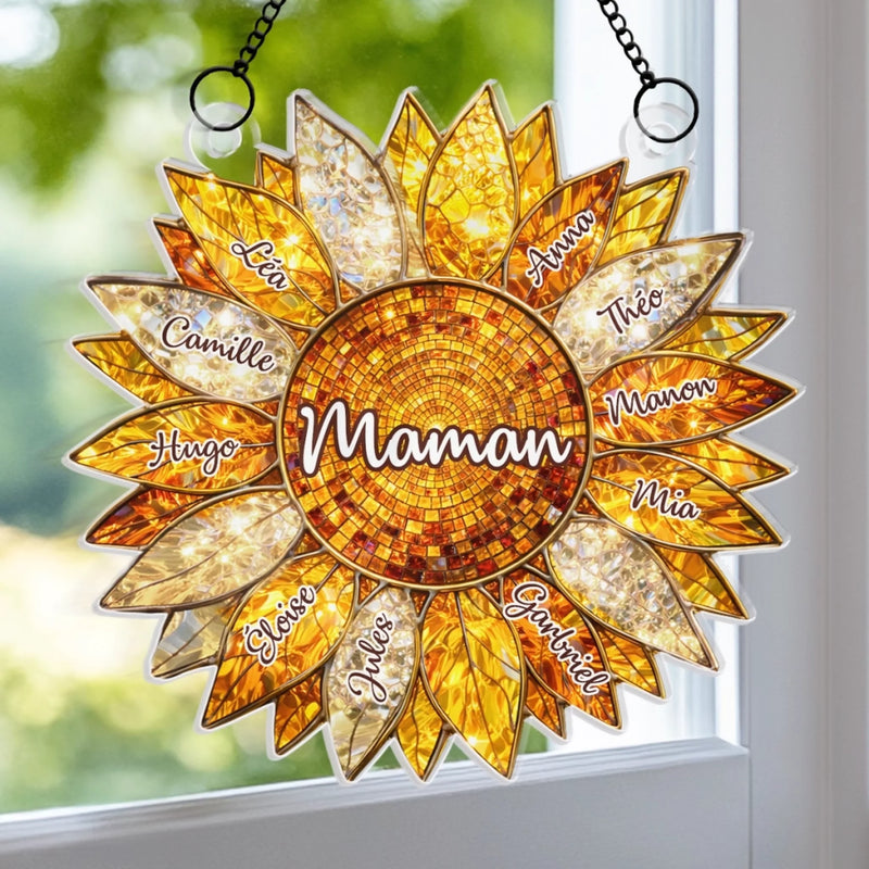 Ornement Suncatcher Tournesol de Fenêtre Personnalisé – Cadeau Fête des Mères, Anniversaire pour Maman, Mamie – Le rayon de soleil de notre famille
