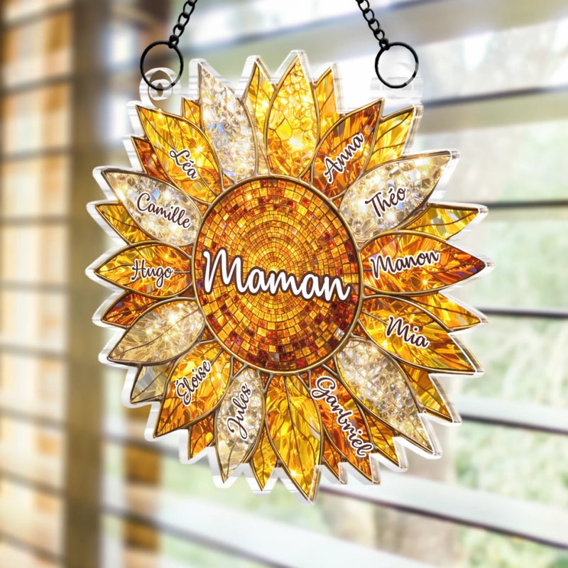 Ornement Suncatcher Tournesol de Fenêtre Personnalisé – Cadeau Fête des Mères, Anniversaire pour Maman, Mamie – Le rayon de soleil de notre famille