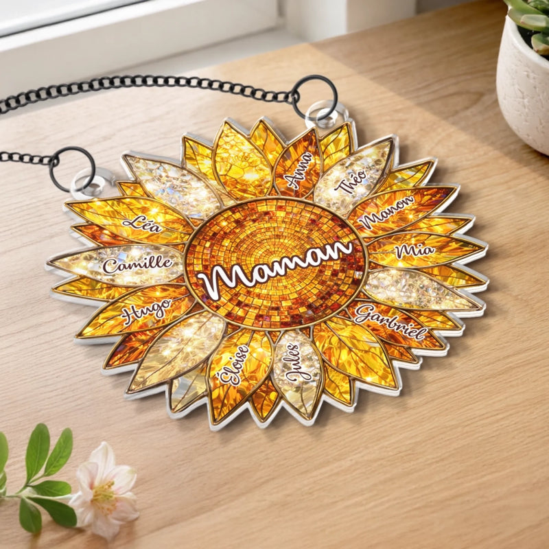 Ornement Suncatcher Tournesol de Fenêtre Personnalisé – Cadeau Fête des Mères, Anniversaire pour Maman, Mamie – Le rayon de soleil de notre famille