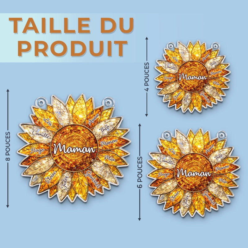 Ornement Suncatcher Tournesol de Fenêtre Personnalisé – Cadeau Fête des Mères, Anniversaire pour Maman, Mamie – Le rayon de soleil de notre famille