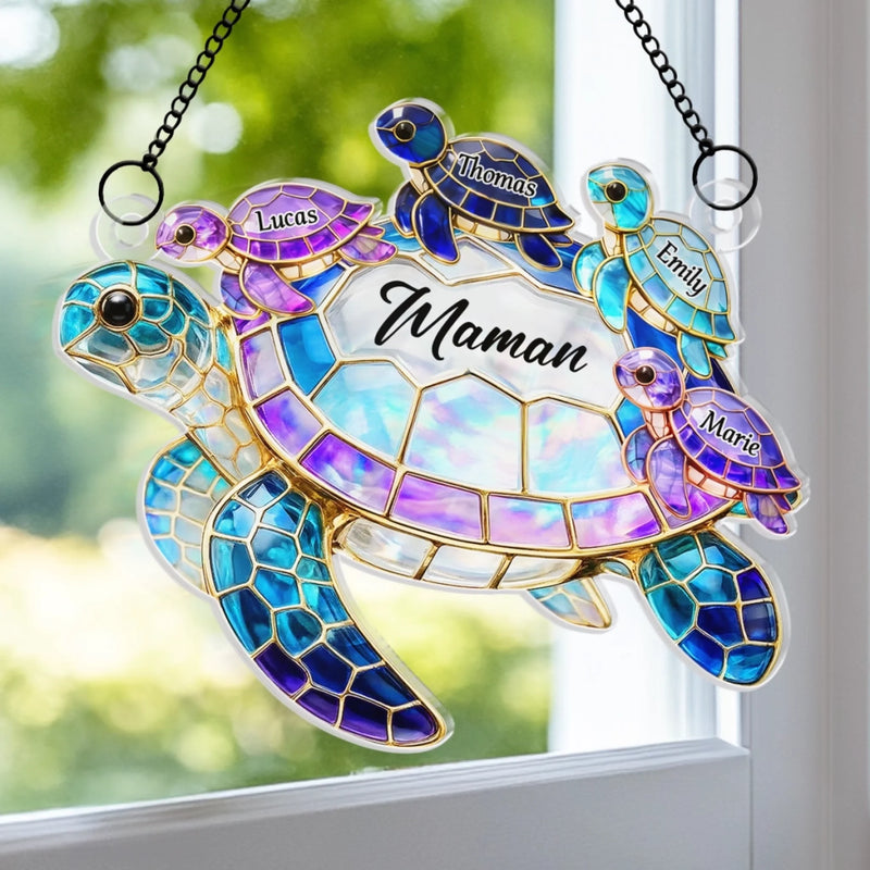 Ornement Suncatcher de Fenêtre Personnalisé – Cadeau pour Maman – Famille De Tortues Chaudes